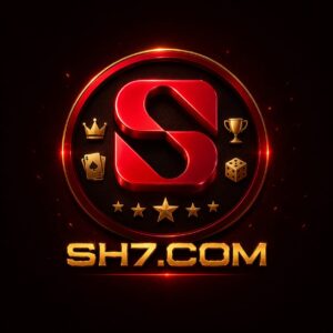 SH7.COM gaming logo featuring a premium red 3D "S" emblem with gold accents, crown, trophy, cards, dice, and stars on a dark luxury background.